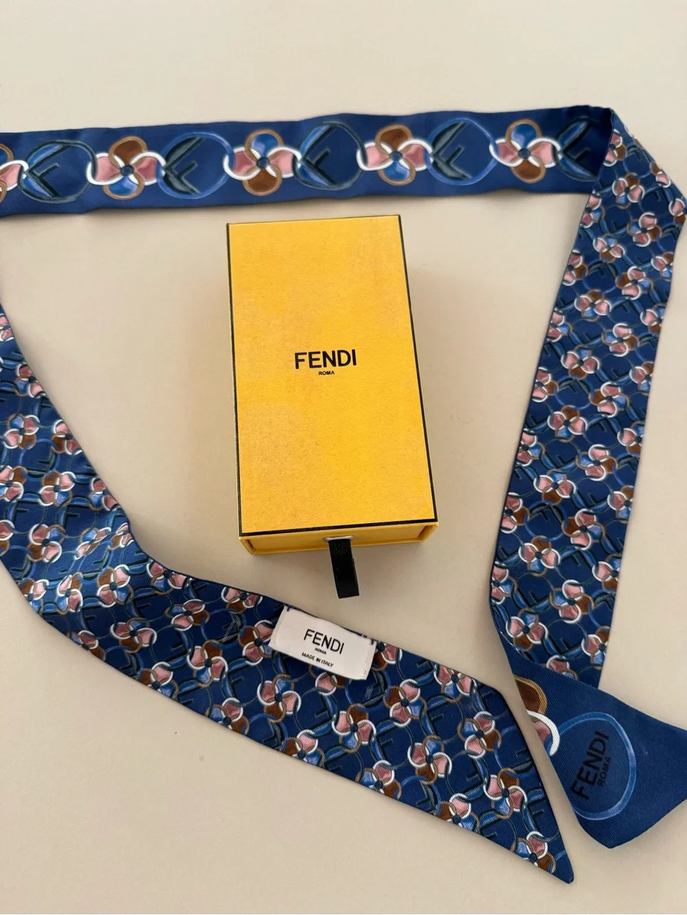 Fendi Wrappy New never worn Brown, Blue and pink Silk Twilly Scarf includes box